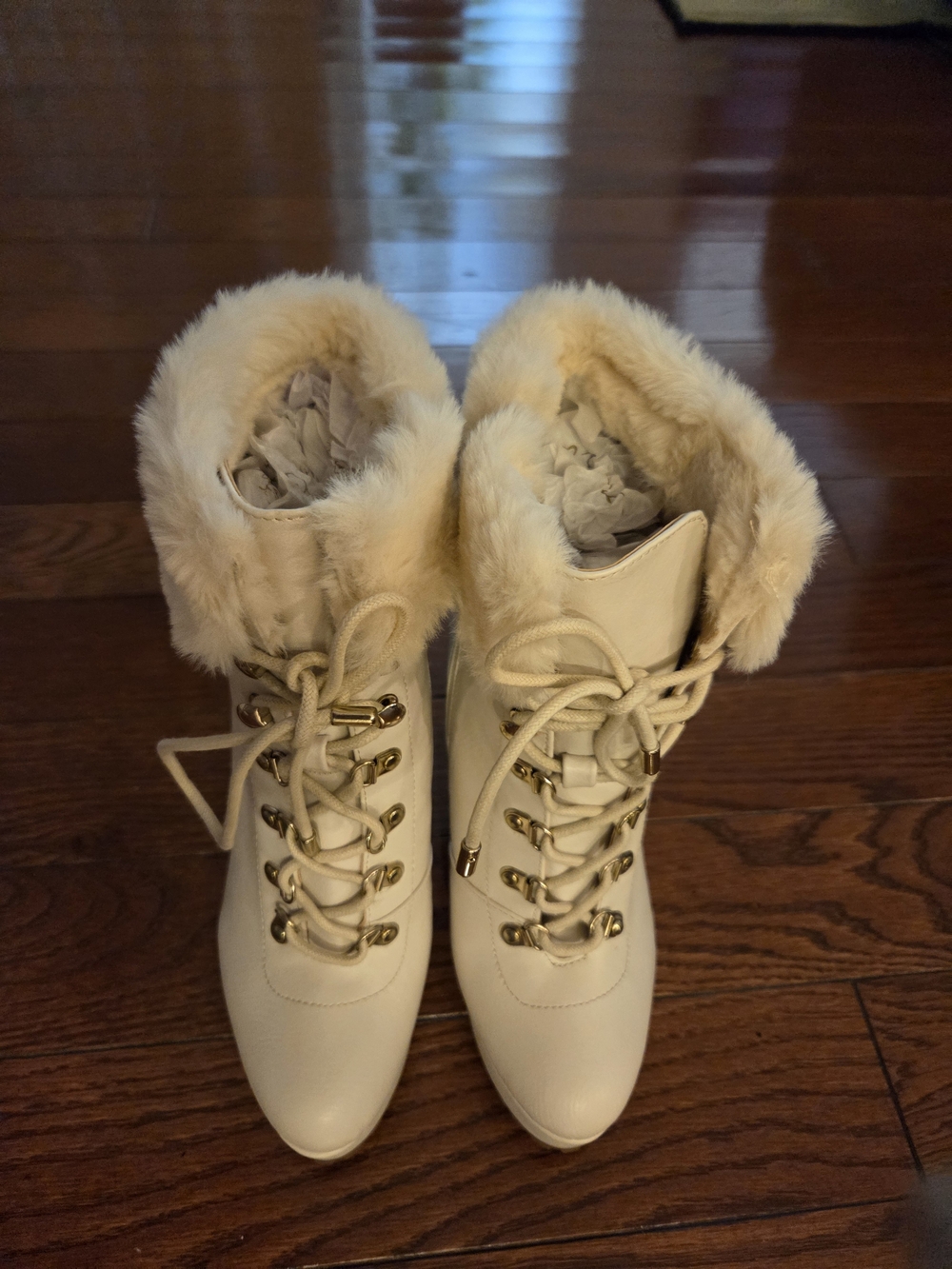 Thalia Sodi Cream Faux-Fur Lace-Up Heeled Ankle Boots